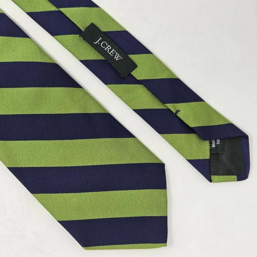 J CREW SILK TIE ITALY NAVY BLUE GREEN STRIPE SATIN PREPPY 3.5" X 59"